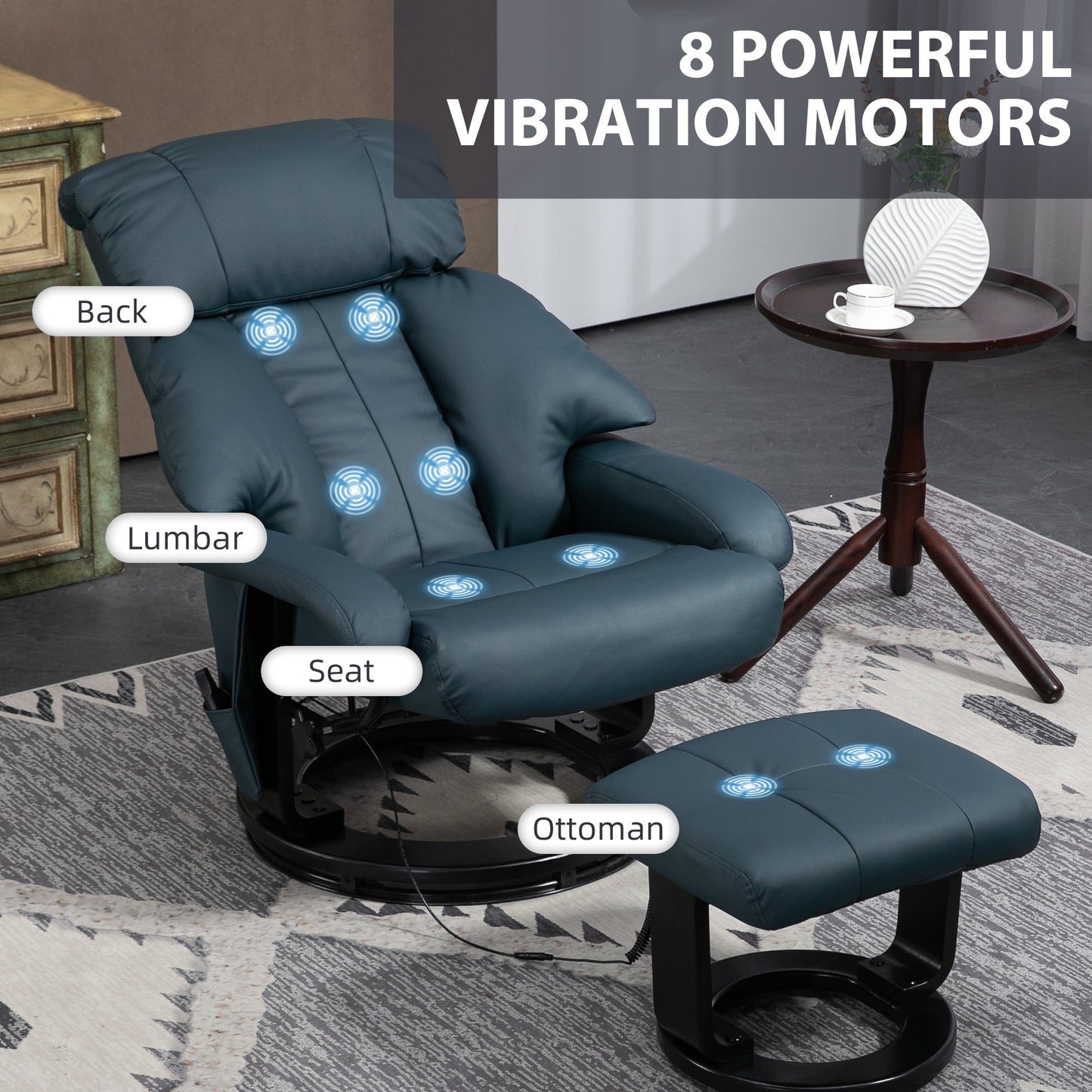 HOMCOM Massage Recliner Chair with Footstool, 360° Swivel Recliner, Blue