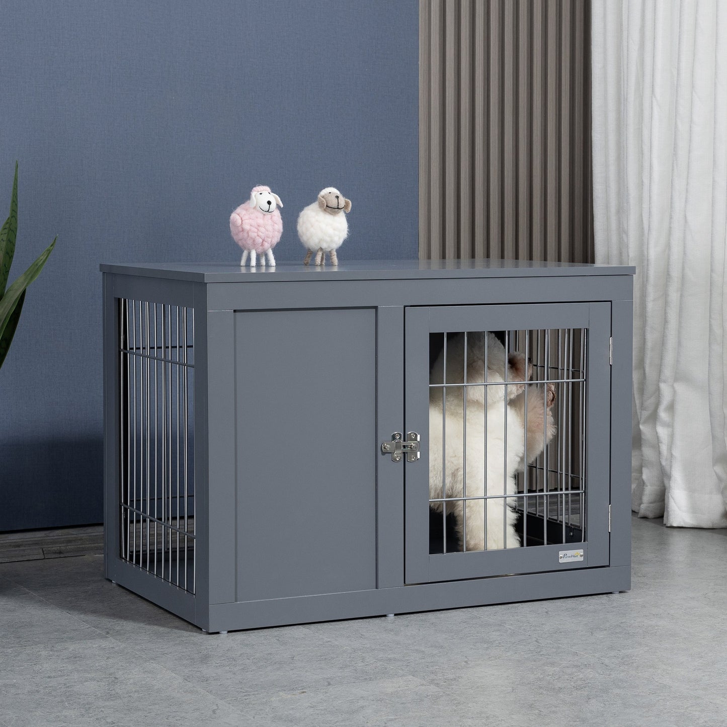 PawHut Dog Crate Furniture Wire Indoor Pet Kennel Cage, End Table with Double Doors, Locks for Small and Medium Dog House, Grey