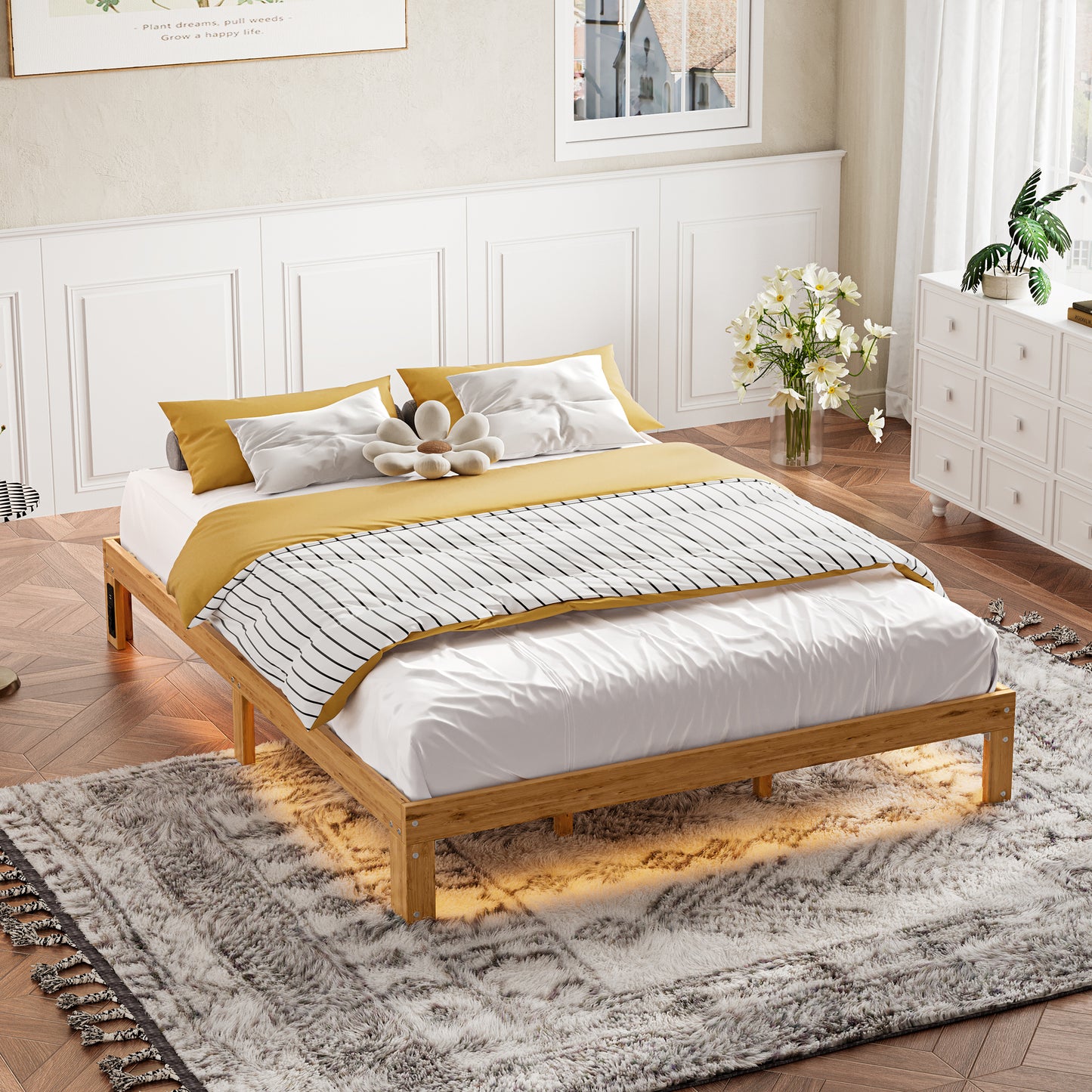 Queen Size Wood Platform Bed Frame-12 Inch Solid Wood Queen Bed Frame with Slat Support, No Box Spring Needed, Easy Assembly-Rustic Pine