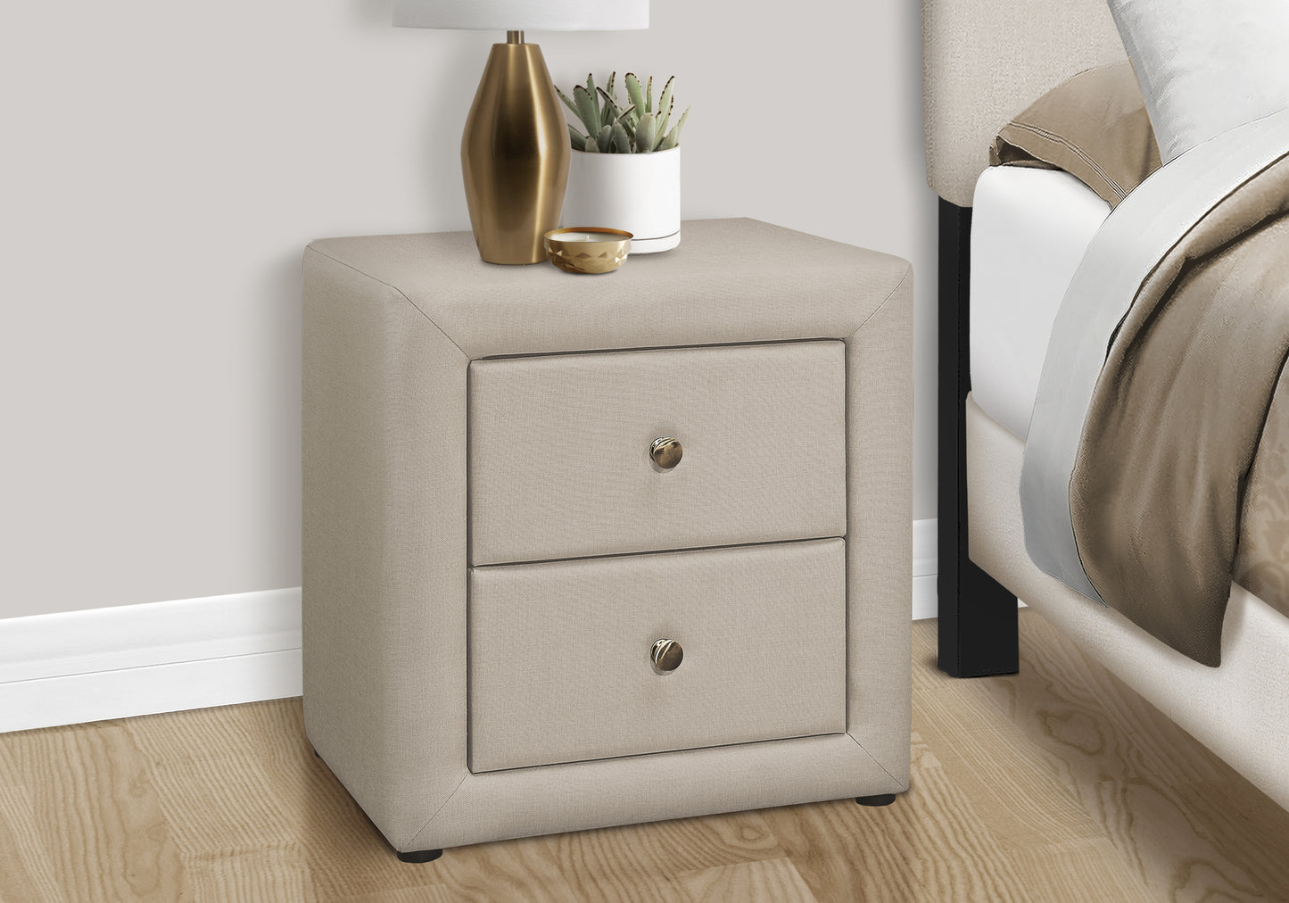 Nightstand, Nightstand, End, Side, Lamp, Storage Drawer, Bedroom, Upholstered, Beige Linen Look, Transitional