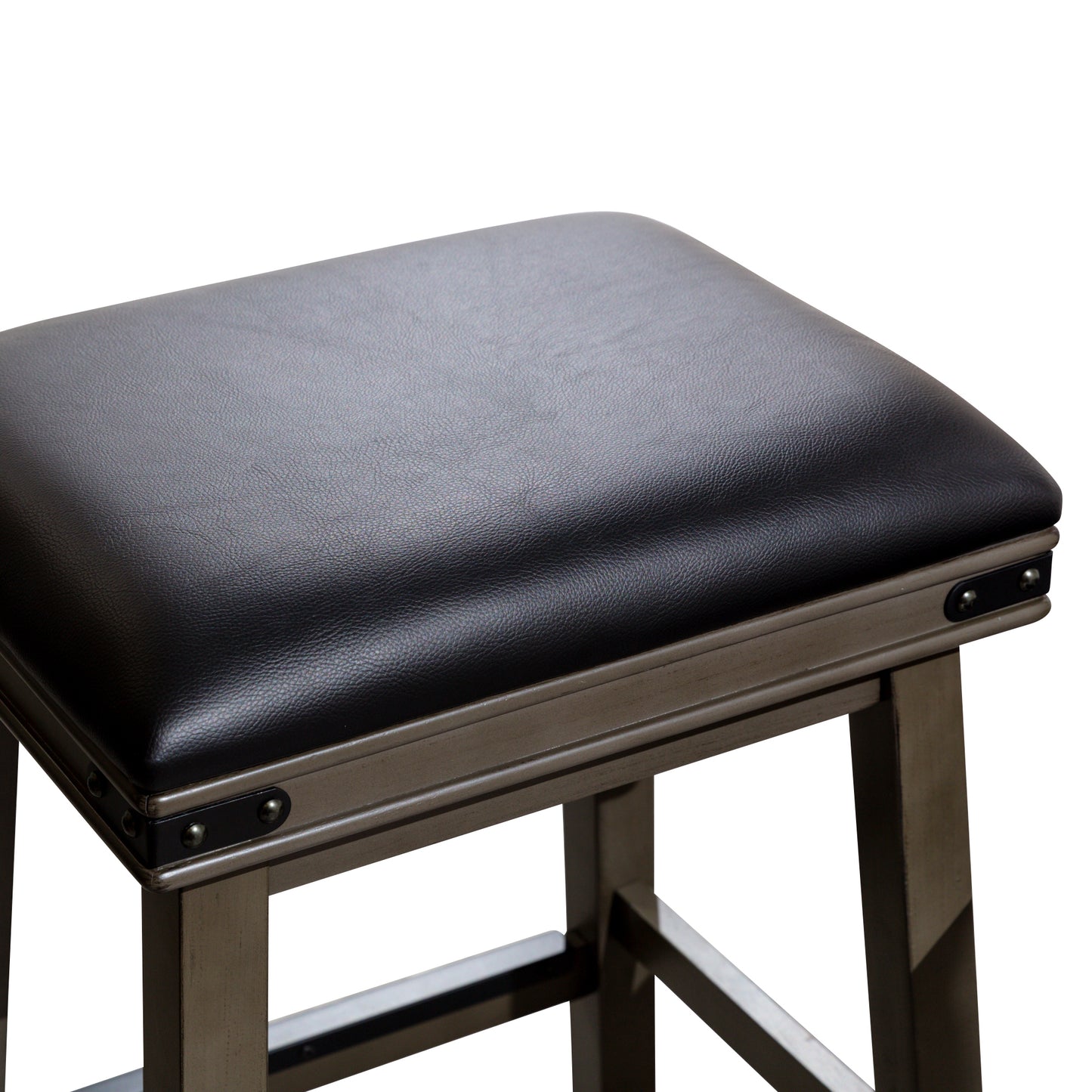 24" Counter Stool, Weathered Gray Finish, Black Leather Seat