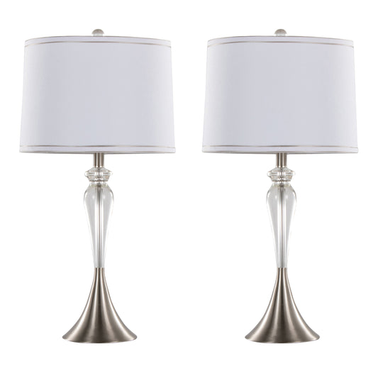 Ashland 28' Contemporary Crystal Table Lamp in Clear Crystal, Brushed Nickel and White Linen Shade with Silver Trim from Grandview Gallery by LumiSource - Set of 2