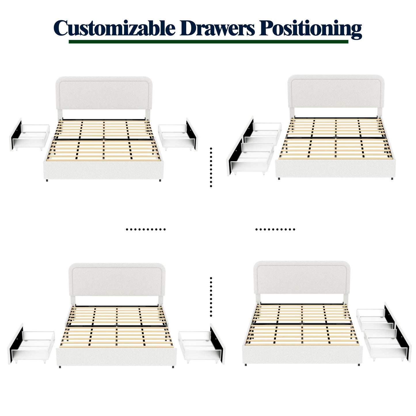 Liv Patented 2-Drawers Storage Bed Queen Size Ivory Boucle Upholstered Platform Bed, Curved Stitched Tufted Headboard, Wooden Slat Mattress Support, No Box Spring Needed