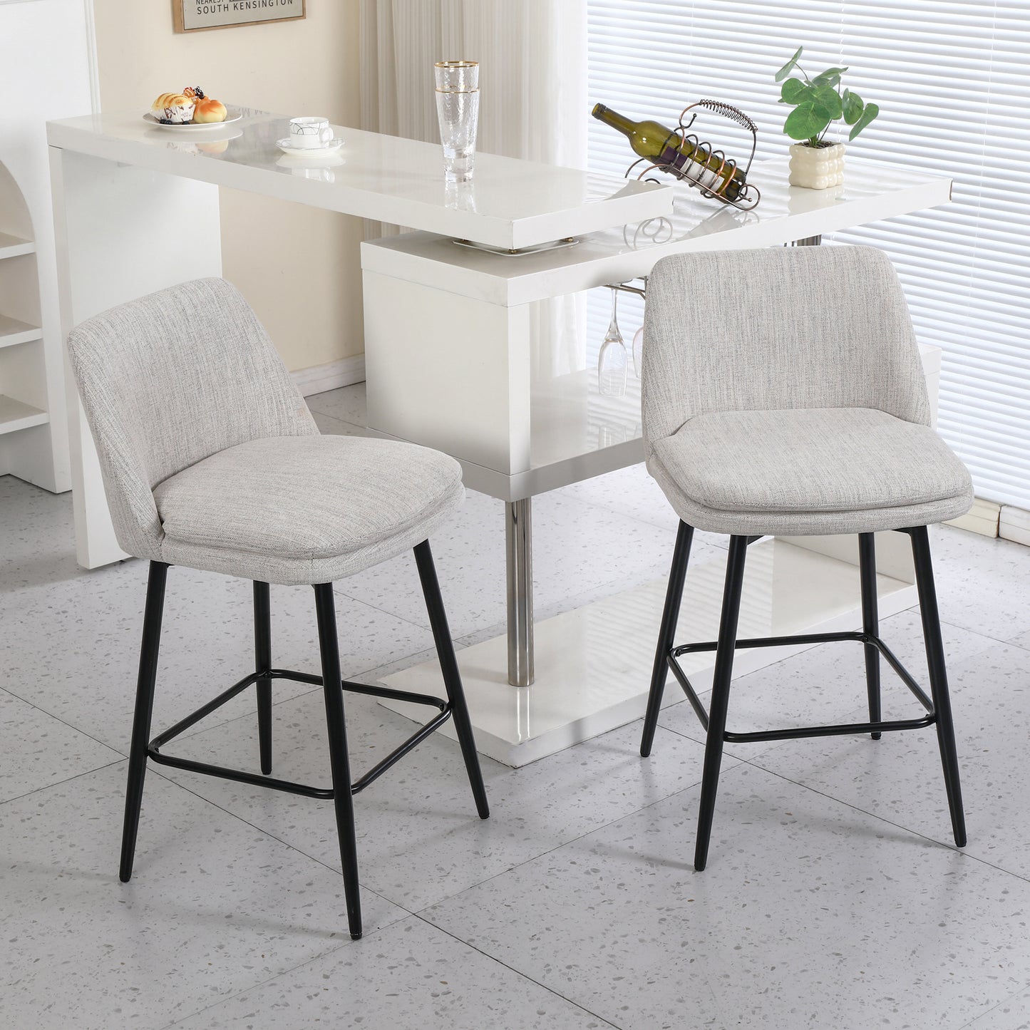 Counter Height Swivel Bar Stools Set of 2, 360° Swivel Upholstered Barstools with Back and Metal Legs, 25.6" Seat Height,Counter Stools for Kitchen Island and Pub,Linen Cloth,Off White Linen.