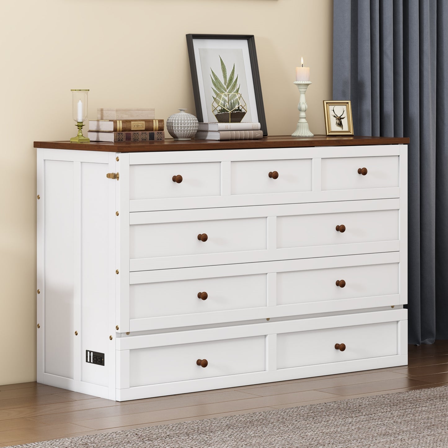 Solid Pine Murphy Bed Chest with Charging Station and Large Storage Drawer for Home Office or Small Room , Full, White+Walnut