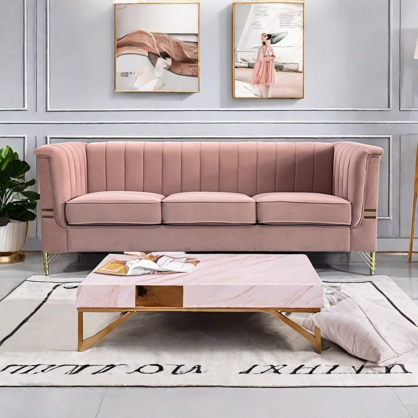 FX-P82-PK(SOFA)-Modern Designs Velvet Upholstered Living Room Sofa, 3 Seat Sofa Couch with  Golden Metal Legs for Home, Apartment or Office  Pink SOFA