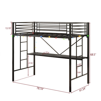 Twin Metal Loft Bed with Desk, Power Outlet and LED Lighted , Safety Guard & Ladder, No Box Spring Needed, Black