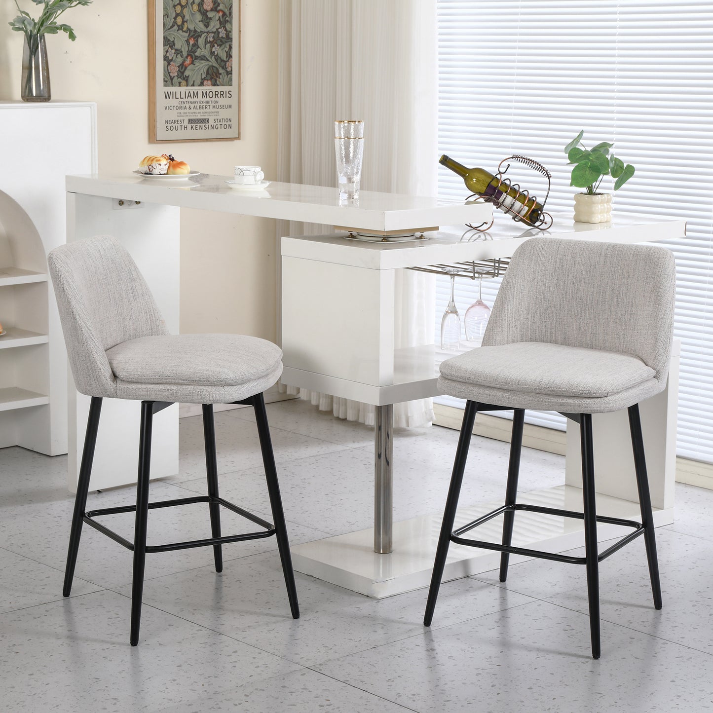 Counter Height Swivel Bar Stools Set of 2, 360° Swivel Upholstered Barstools with Back and Metal Legs, 25.6" Seat Height,Counter Stools for Kitchen Island and Pub,Linen Cloth,Off White Linen.