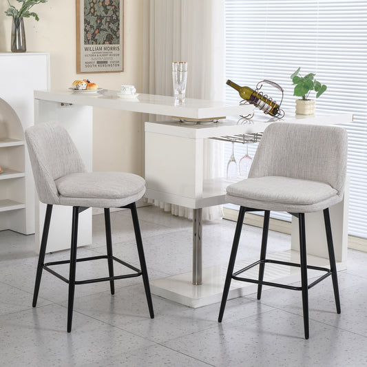 Counter Height Swivel Bar Stools Set of 2, 360° Swivel Upholstered Barstools with Back and Metal Legs, 25.6" Seat Height,Counter Stools for Kitchen Island and Pub,Linen Cloth,Off White Linen.