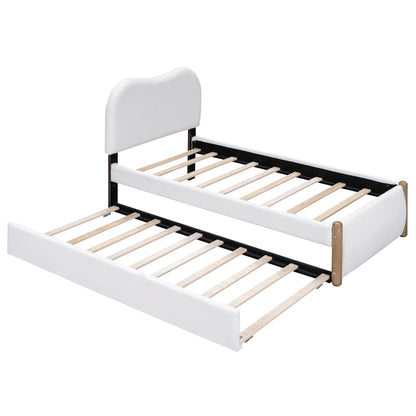 Twin Size Upholstered Platform Bed with Wood Supporting Feet and Twin Size Trundle, White