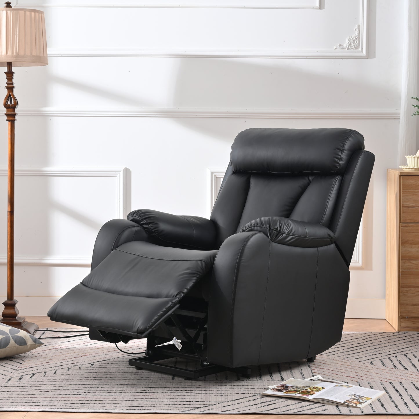 Electric Power Lift Recliner Chair for Elderly, PU Recliner Chair for Seniors, Home Theater Seating,Living Room Chair,Side Pocket, Remote Control (Black PU)