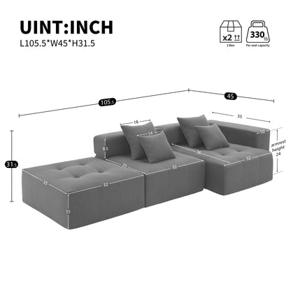 105.5''L Shaped Modular Sectional Sofa,Minimalist Corduroy Floor Couch Set,Convertible Foam-Filled Cloud Compressed Couch for Living Room,3 PC Free Combination,No Assembly Required,3 Colors