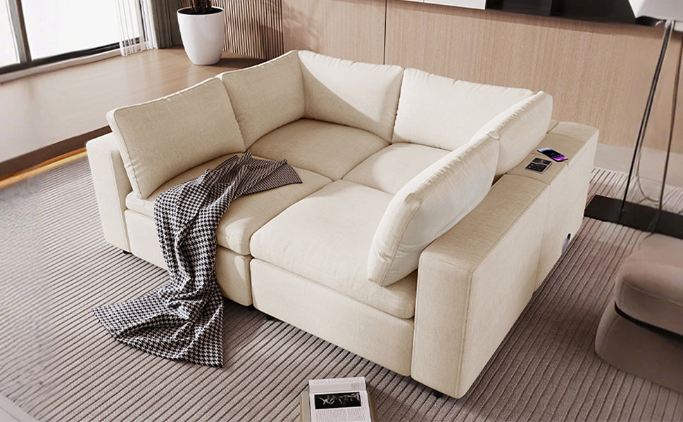 U-style Upholstered Modular Sofa with  with Storage Space, USB Charge Ports,Wireless Charging and Built-in Bluetooth Speaker in Arm,Sectional sofa for Living Room Apartment.[old sku:WY000317AAA]