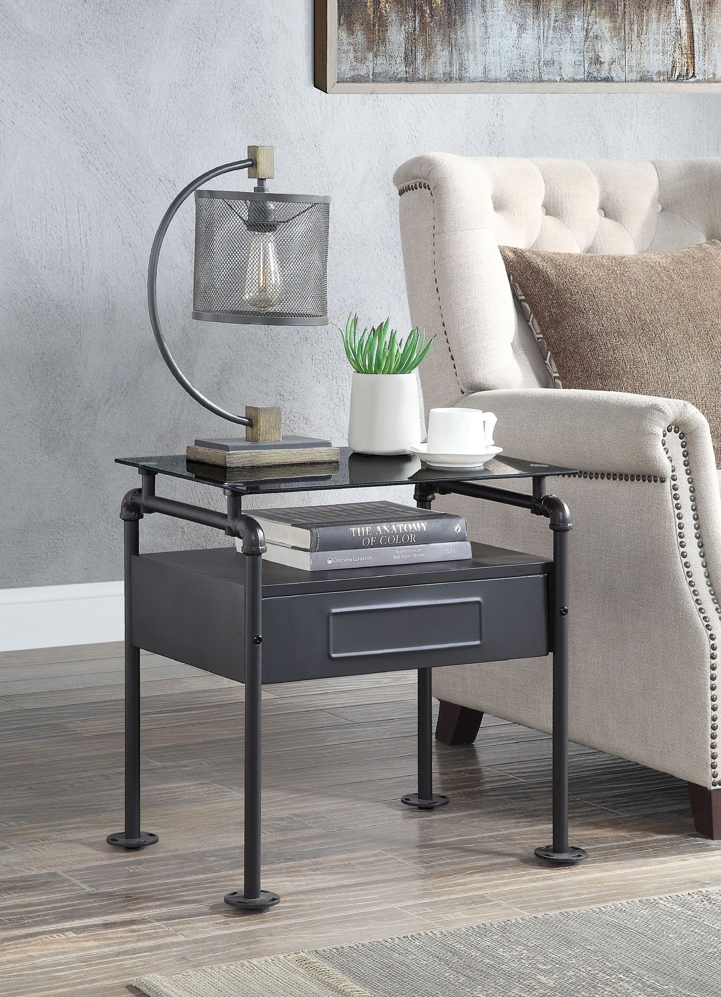 Nicipolis Glass & Sandy Gray Finish Nightstand