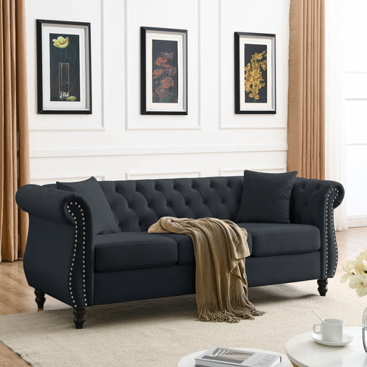 [Video] 80" Chesterfield Sofa Black Velvet for Living Room, 3 Seater Sofa Tufted Couch with Rolled Arms and Nailhead for Living Room, Bedroom, Office, Apartment, two pillows