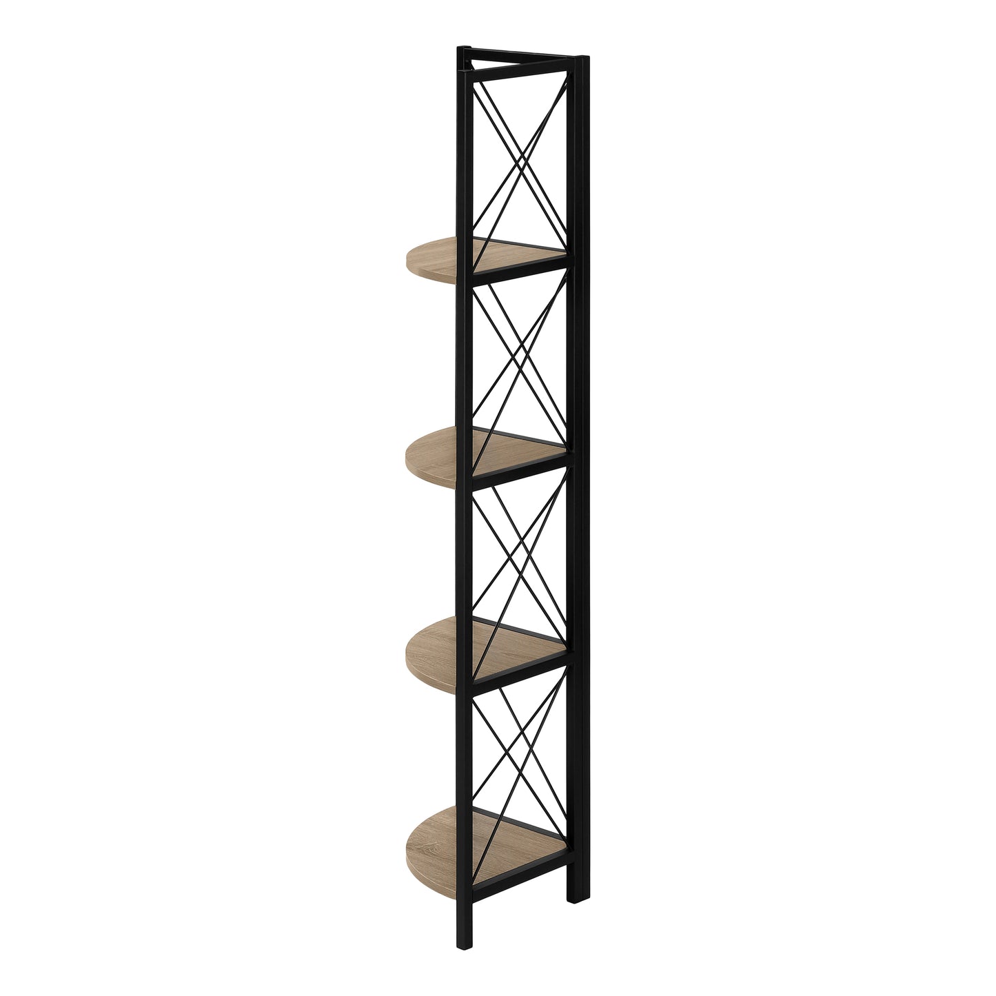 Bookshelf, Bookcase, Etagere, Corner, 4 Tier, 60"h, Office, Bedroom, Brown Laminate, Black Metal, Contemporary, Modern