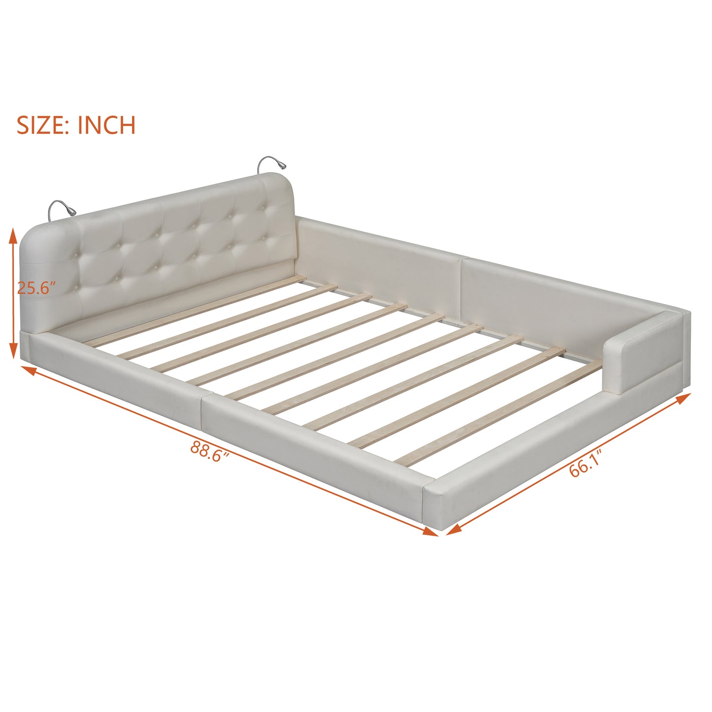 Queen Size Upholstered Platform Bed with 2 Reading Lights, White