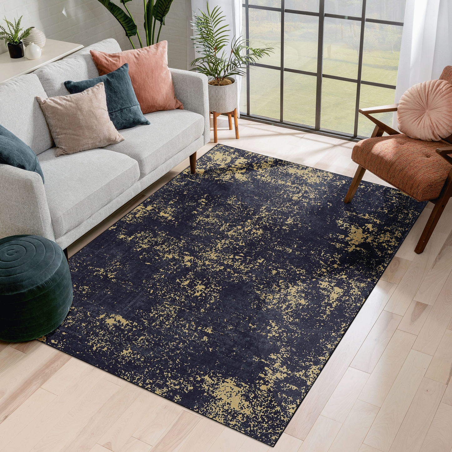 NAAR MAVAL Black Washable Rug 8x10 Area Rug (Black+Gold, 8' x 10')