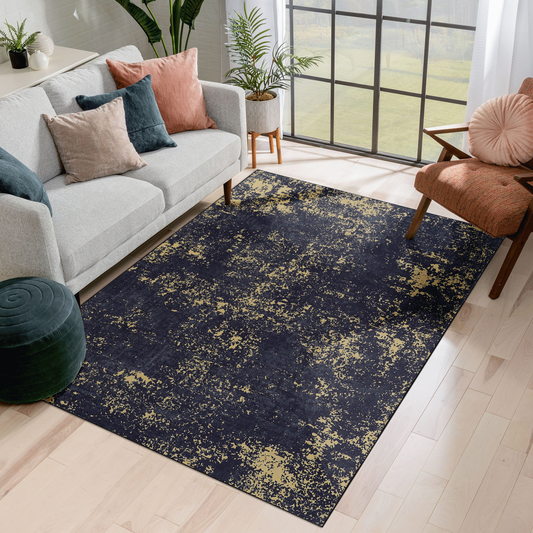 NAAR MAVAL Black Washable Rug 8x10 Area Rug (Black+Gold, 8' x 10')