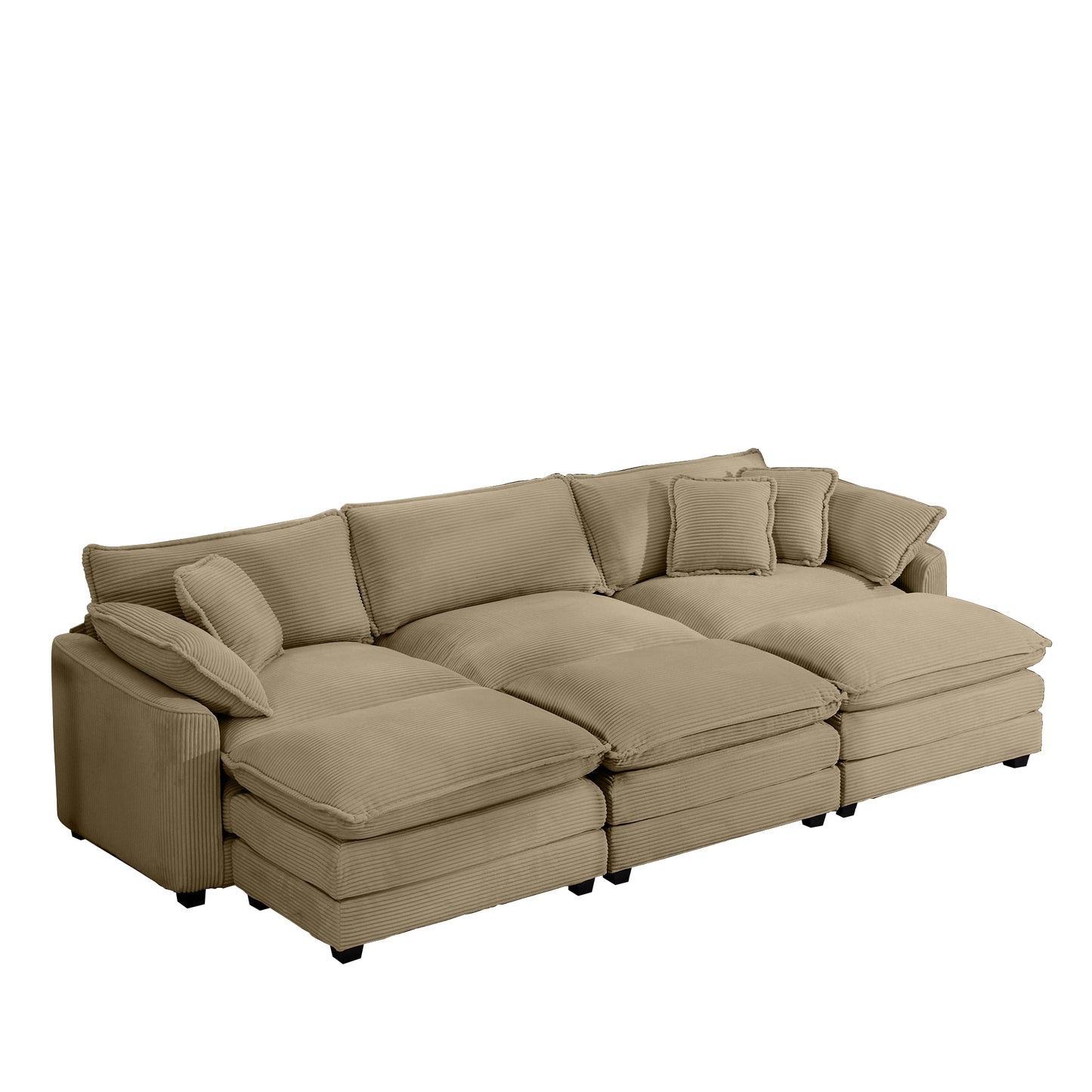 Oversized Modular Cushion Sofa Set with Portable Ottoman, L-Shaped Corner, Low Back Deep Seating in Tan Corduroy