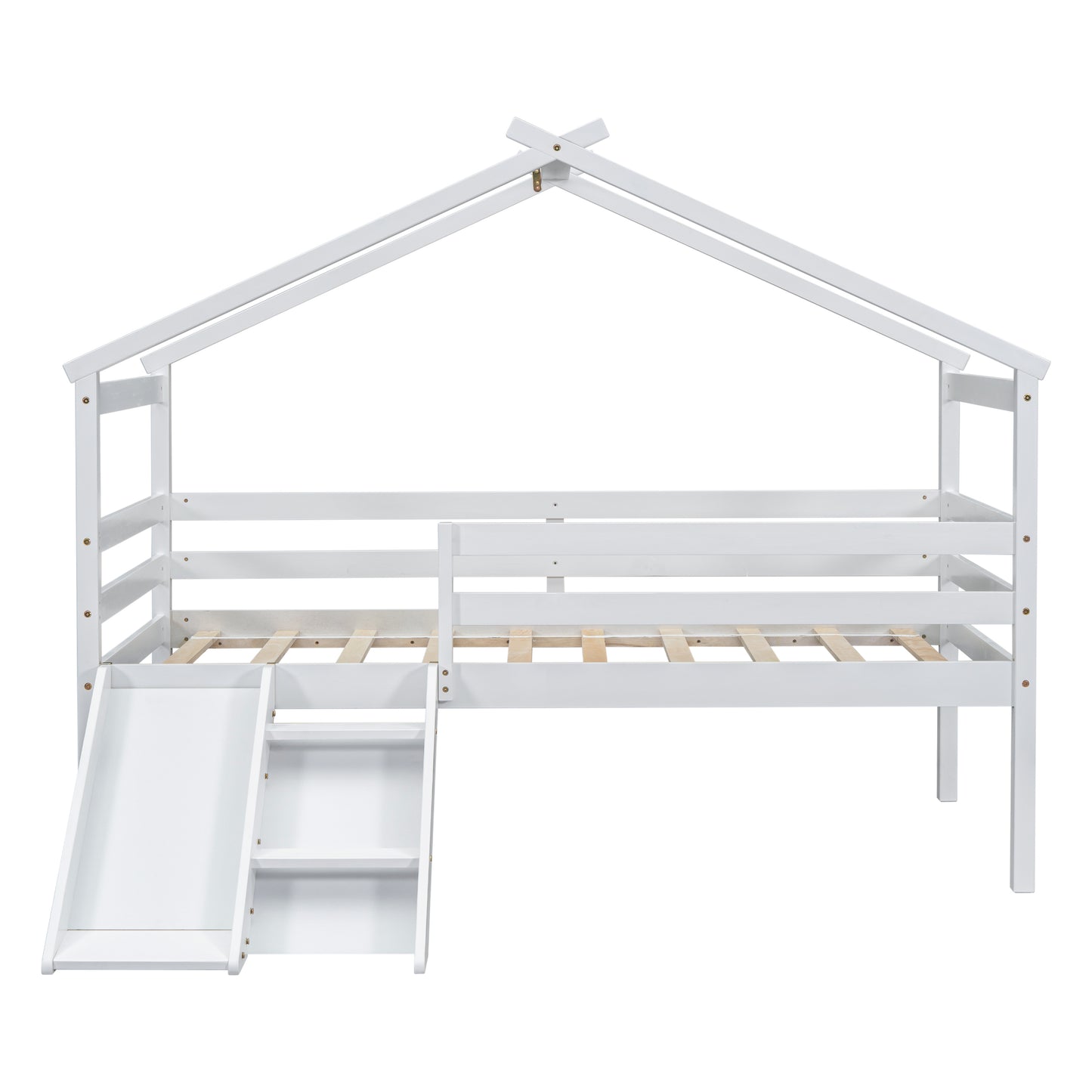 Twin Low Loft House Bed with Slide,  Ladder, Safety Guardrails, House Roof Frame,White