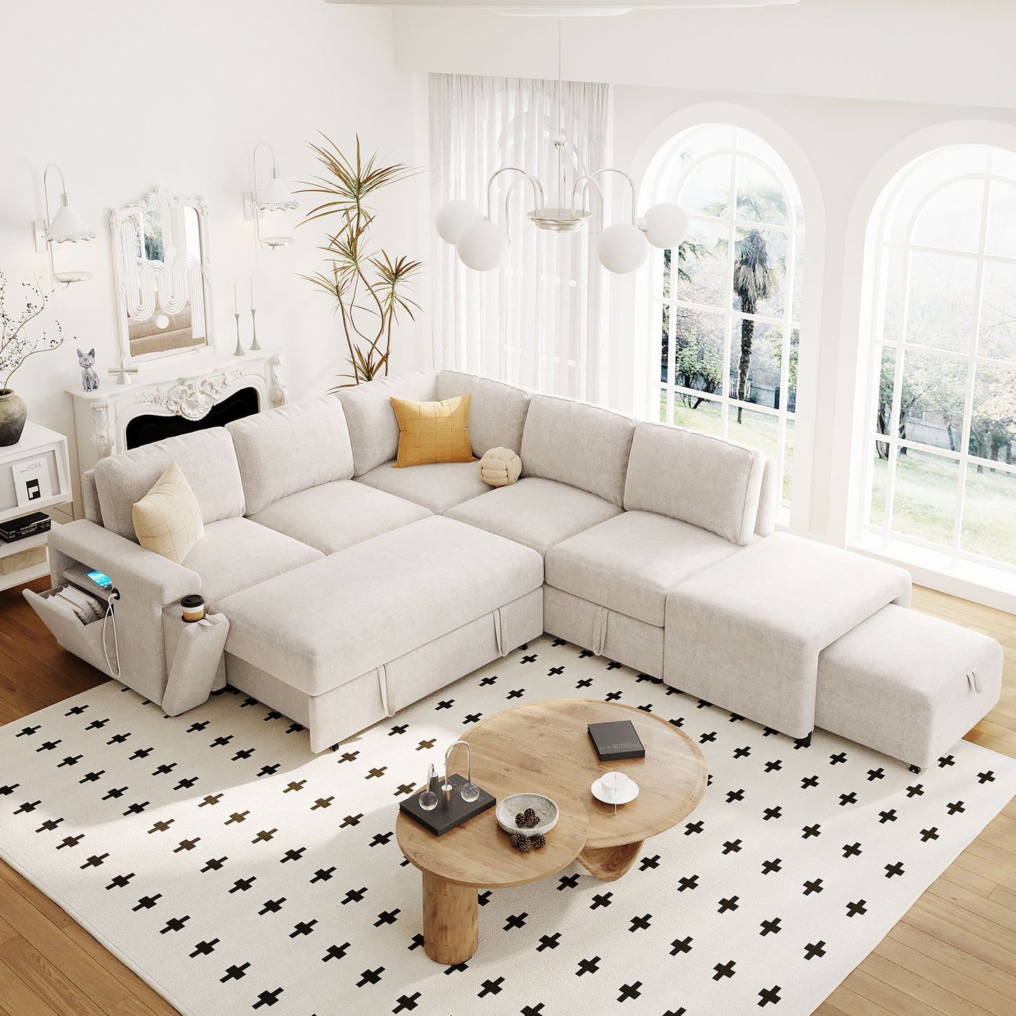 U_STYLE  L-shaped Padded Modular Sofa with Storage Space, USB Ports, and Cup Holders on the Armrests, Suitable for Living Rooms, Offices, and Apartments.