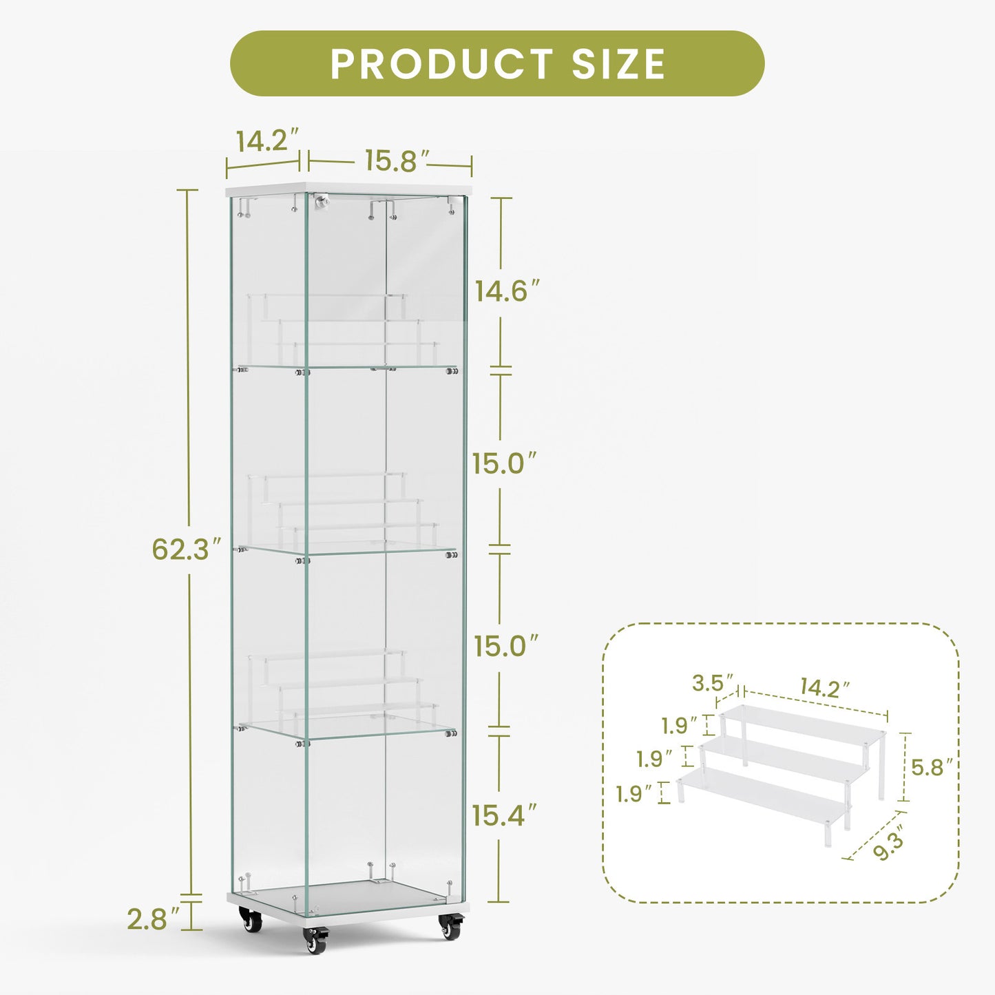 4 Tier Glass Display Cabinet, Single Door Glass Cabinet with Lock and Wheels, Floor Standing Storage Cabinet with 3 Acrylic Shelves for Living Room, Bedroom and Office, White, 15.8"L x 14.2"W x 65.1"H