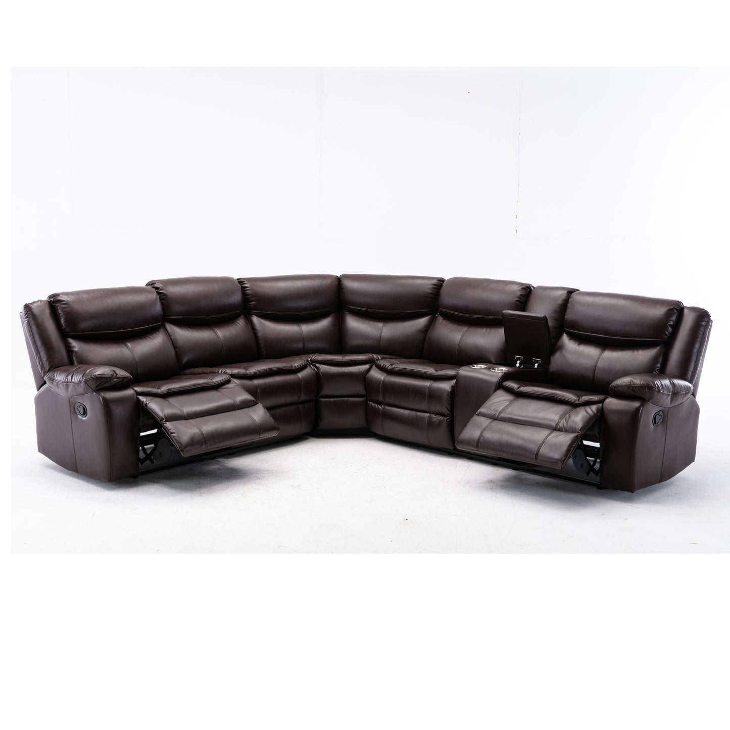 L Shape Breath Leather Manual Reclining Sectional Sofa Set, Brown