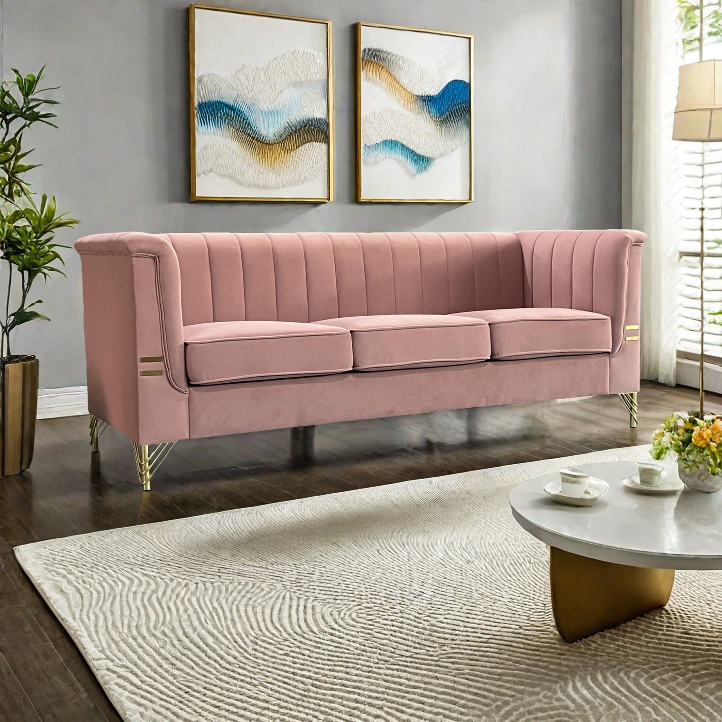 FX-P82-PK(SOFA)-Modern Designs Velvet Upholstered Living Room Sofa, 3 Seat Sofa Couch with  Golden Metal Legs for Home, Apartment or Office  Pink SOFA