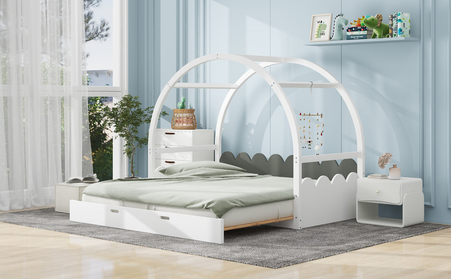 Twin size stretchable vaulted roof bed, children's bed pine wood frame, white+gray