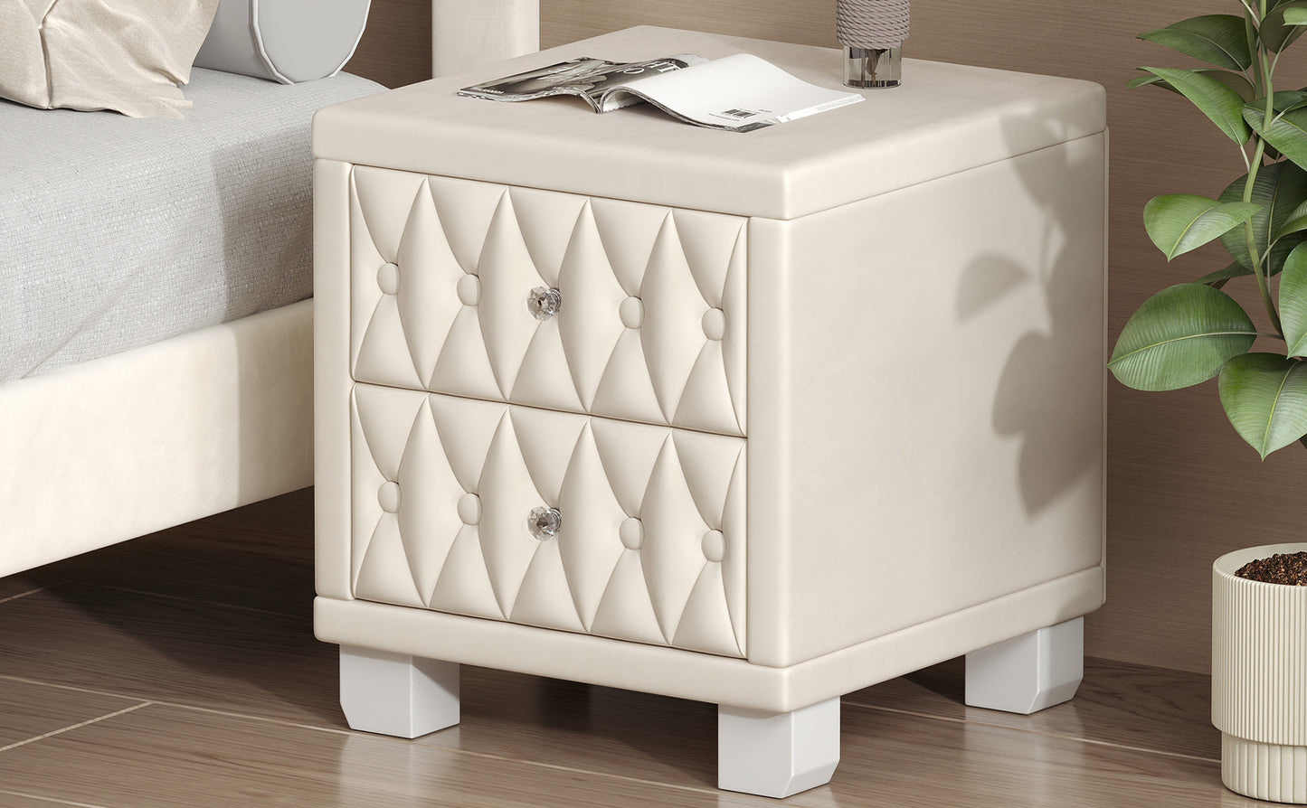 Elegant Velvet Nightstand with 2 Drawers and Crystal Handle, Storage Bedside Table with Button-Tufted, Beige