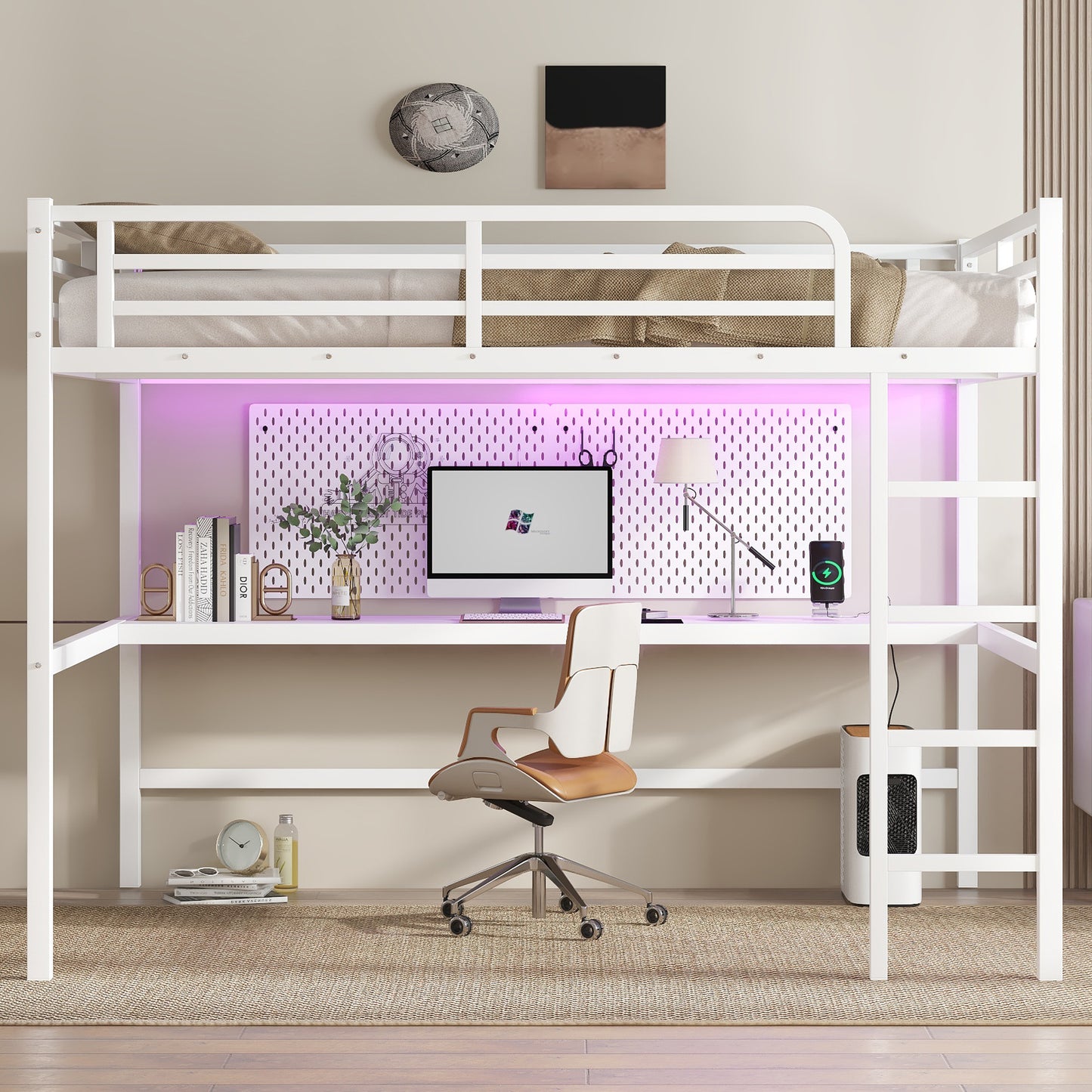 Metal Queen Size Loft Bed with Power Outlet and LED Lighted, Space-Saving, Noise Reduced, White