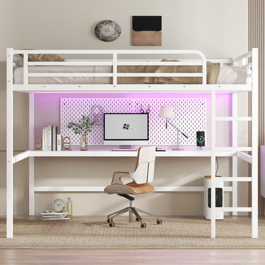 Metal Queen Size Loft Bed with Power Outlet and LED Lighted, Space-Saving, Noise Reduced, White