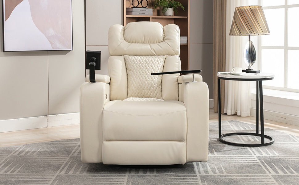 270 Degree Swivel PU Leather Power Recliner Individual Seat Home Theater Recliner with  Comforable Backrest, Tray Table,  Phone Holder, Cup Holder,  USB Port, Hidden Arm Storage for Living Room, White