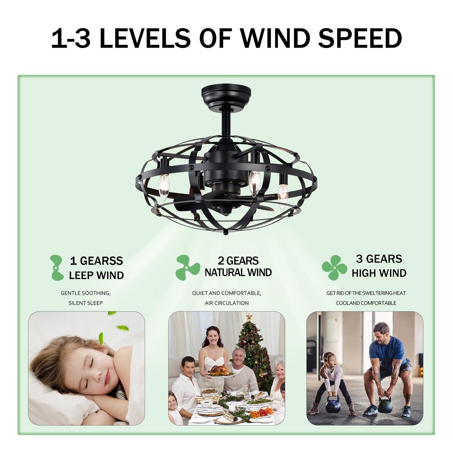 Hot Sell Industrial Ceiling Fan Light Kit for Living Room Bedroom Kitchen and Bladeless Caged Ceiling Fan with Lights