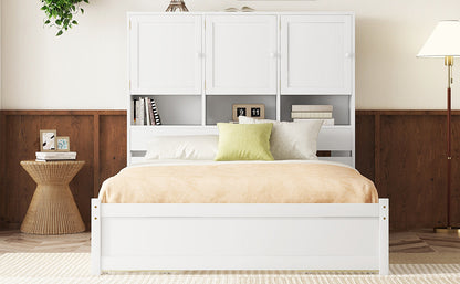 Queen Size Platform Bed with Storage Headboard and 4 Drawers, White