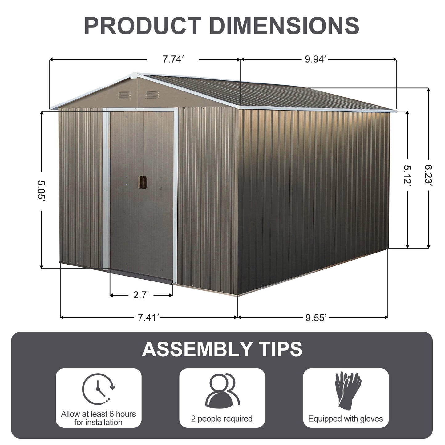 8x10ft Outdoor Metal Storage Shed with metal foundation Gray