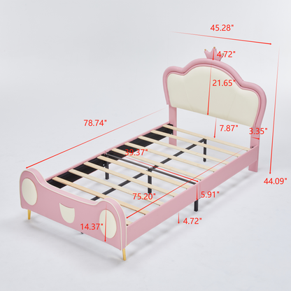 {NEW}Twin Size Princess Bed with Crown Headboard, PU Upholstered Platform Bed , Twin Size Bed Frame with Bed-End Storage Pocket for Kids Girl, No Spring Box Needed, Easy Assembly, Pink