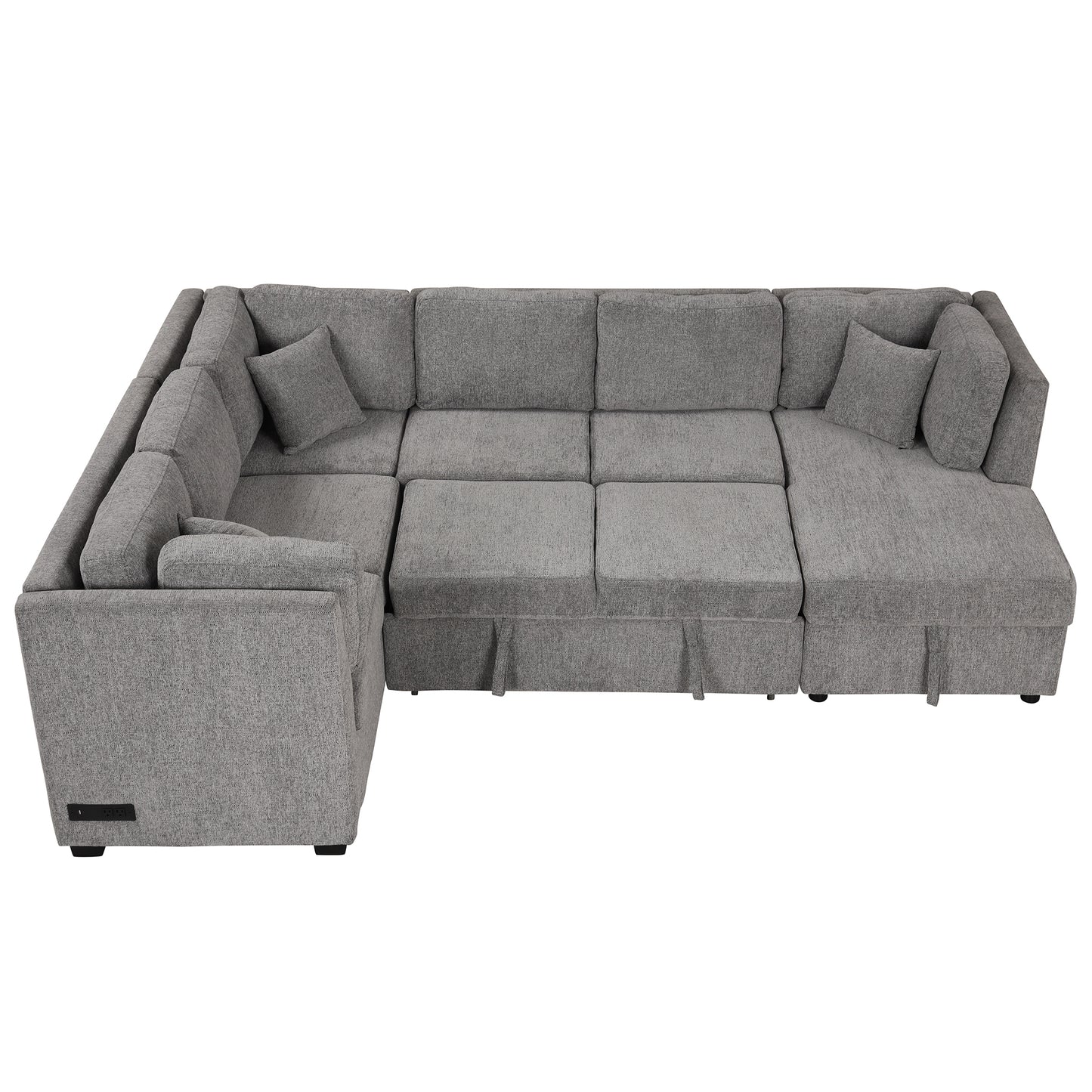 108.6" U-shaped Sectional Sofa Pull out Sofa Bed with Two USB Ports, Two Power Sockets, Three Back Pillows and a Storage Chaise for Living Room, Light Gray