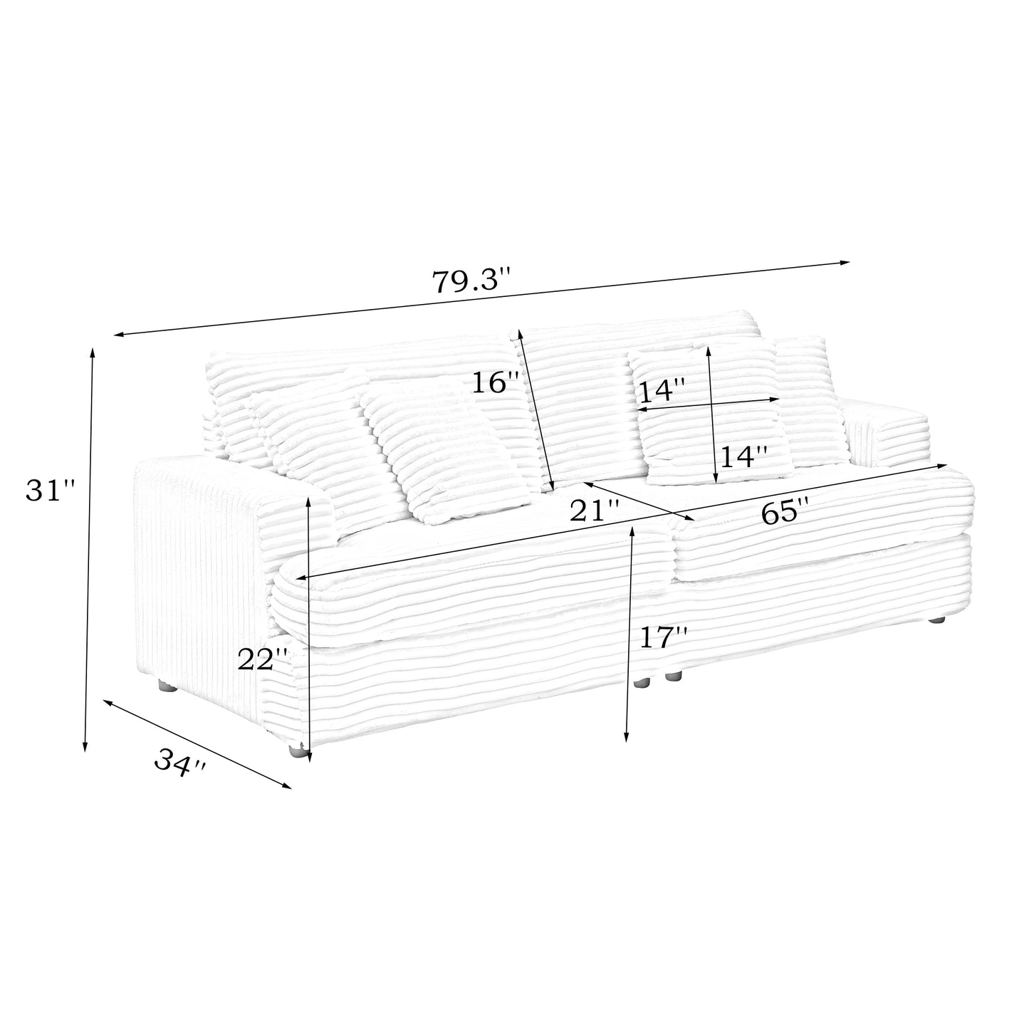 79.3 inches long, Corduroy Sofa, with 4 Matching Toss Pillows Sleek Design Spacious and Comfortable 3 Seater Couch for Modern Living Room,WHITE