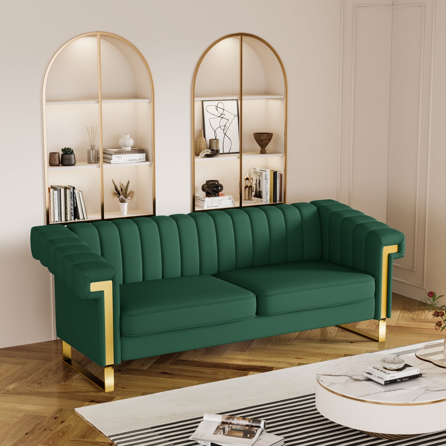 FX-P81PU-GR SOFA  Modern Green PU  Sofa with Gold Accents - Sleek Channel-Tufted Upholstery, 3-Seat Couch for Living Room and Office Decor(TEMU Suitable)