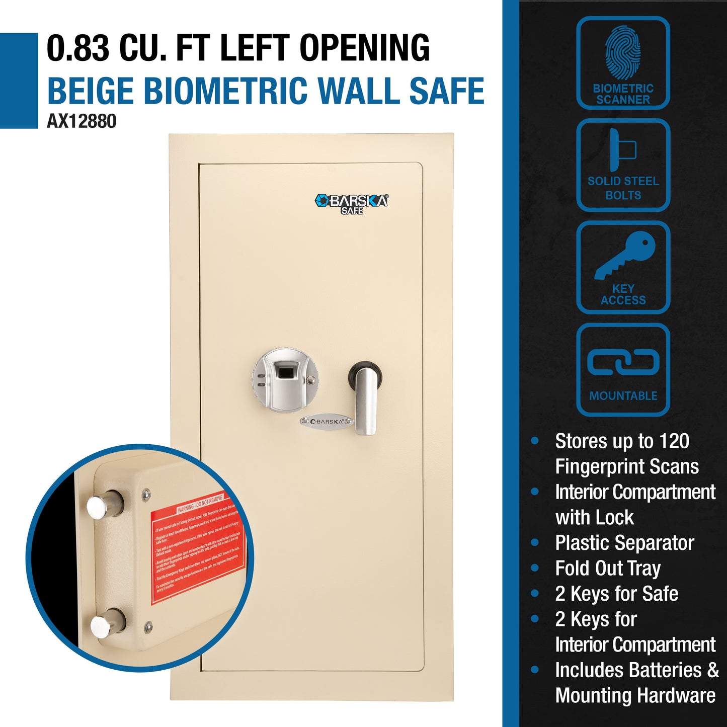 0.82 CUBIC FT LEFT OPEN BEIGE  BIOMETRIC WALL SAFE