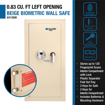 0.82 CUBIC FT LEFT OPEN BEIGE  BIOMETRIC WALL SAFE