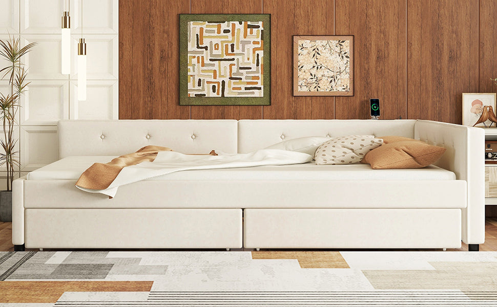 Full Size Upholstered Platform Bed with USB and 2 Drawers, Beige