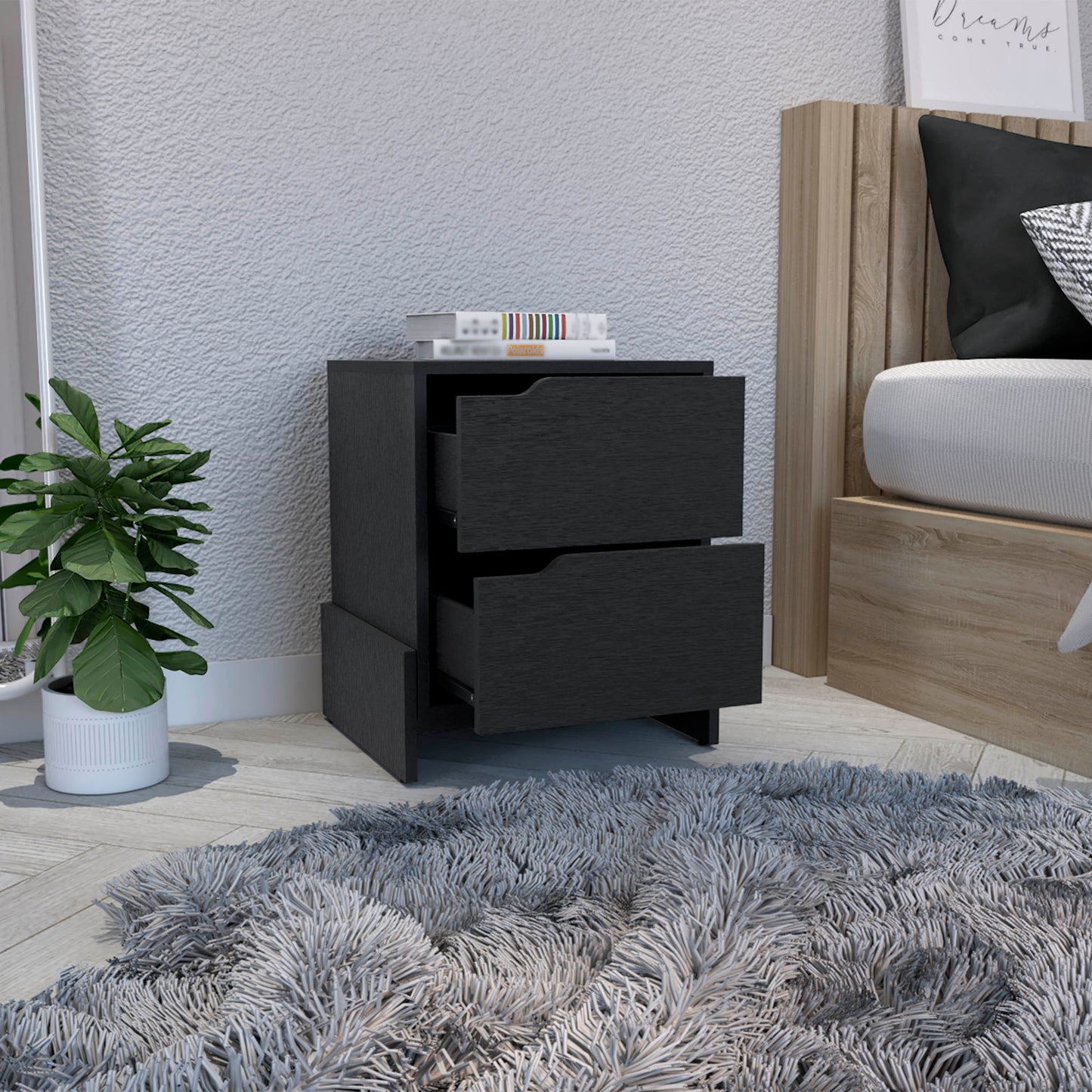 Nightstand with 2-Drawers, End Table with Sturdy Base, Black