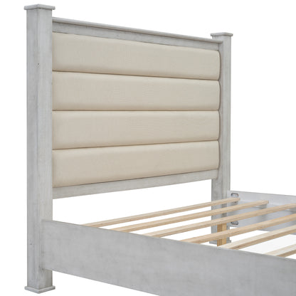 Queen Size Wood Frame Platform Bed with Upholstered Headboard, Footboard and 2 Drawers, Antique White