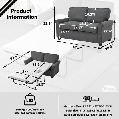 Love seat Sofa Sleeper With Memory Foam Mattress Rolled Arms,Linen Polyester Fabric,Wood and Metal Frame,Plastic Legs Sofa bed Sofa bed, Grey