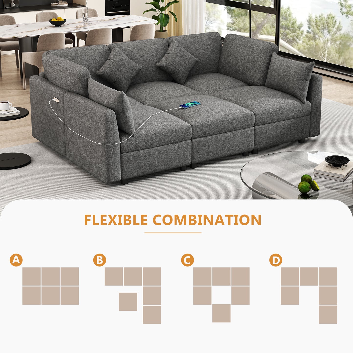 85.4" Sectional Sofa Modular Sofa U-shaped Sofa Couch Sofa Bed L-shaped Sofa with a Movable Ottoman and Two USB Ports for Living Room, Grey