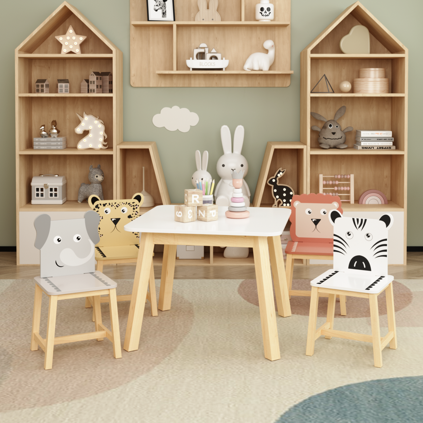 5 Piece Kiddy Table and Chair Set , Kids Wood Table with 4 Chairs Set Cartoon Animals (bigger table) (3-8 years old)