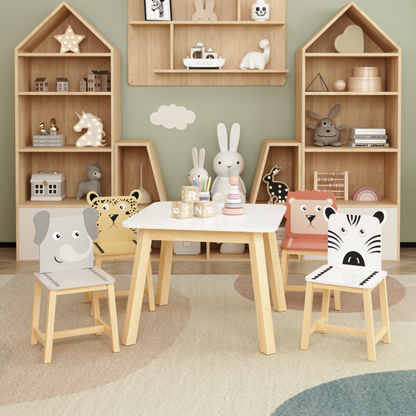 5 Piece Kiddy Table and Chair Set , Kids Wood Table with 4 Chairs Set Cartoon Animals (bigger table) (3-8 years old)